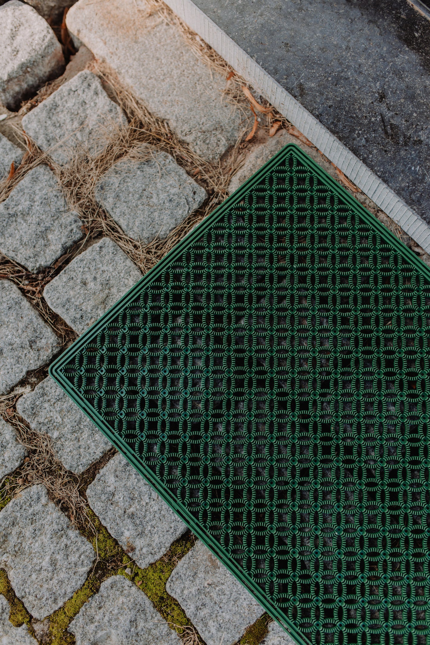 Close-up image of a stylish and functional green mat, with a unique structure to keep dirt outside.